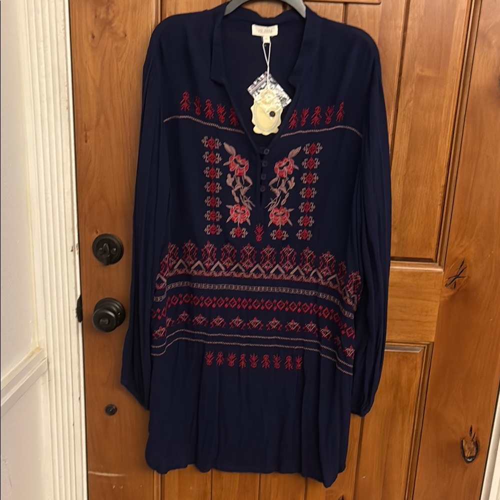 Velzera 2X Navy Dress with Red Bohemian Embroidery